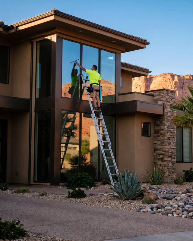 A window cleaner on a ladder squeegeeing the second-story windows of a desert home, red rock cliffs behind